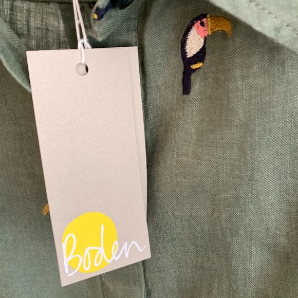 ❤️🎉HP🎉❤️ BODEN Toucan Bird Embroidered Linen Shirt, Olive, Size US 2P / … - Picture 11 of 13